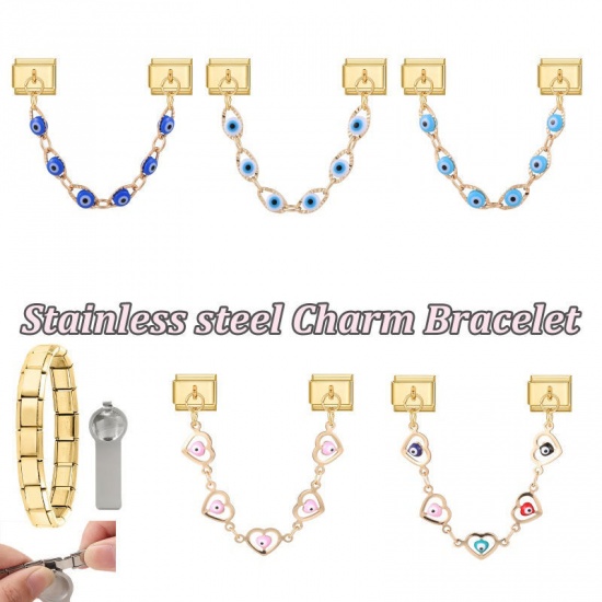 Picture of 1 Piece 304 Stainless Steel Italian Charm Links For DIY Bracelet Jewelry Making Wholesale Gold Plated Dark Blue Enamel Rectangle Evil Eye 10mm x 9mm