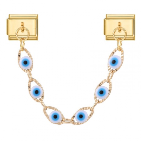 Picture of 1 Piece 304 Stainless Steel Italian Charm Links For DIY Bracelet Jewelry Making Wholesale Gold Plated White & Blue Enamel Rectangle Evil Eye 10mm x 9mm