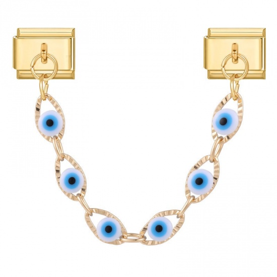 Picture of 1 Piece 304 Stainless Steel Italian Charm Links For DIY Bracelet Jewelry Making Wholesale Gold Plated White & Blue Enamel Rectangle Evil Eye 10mm x 9mm