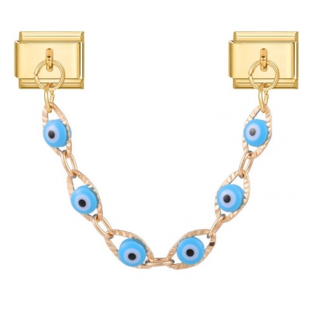 Picture of 1 Piece 304 Stainless Steel Italian Charm Links For DIY Bracelet Jewelry Making Wholesale Gold Plated Blue Enamel Rectangle Evil Eye 10mm x 9mm