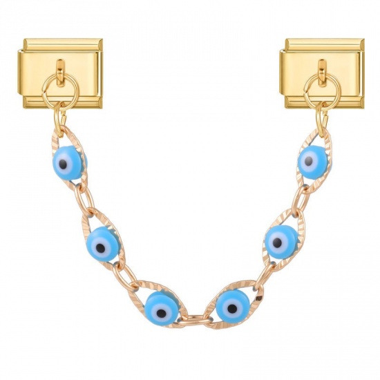 Picture of 1 Piece 304 Stainless Steel Italian Charm Links For DIY Bracelet Jewelry Making Wholesale Gold Plated Blue Enamel Rectangle Evil Eye 10mm x 9mm