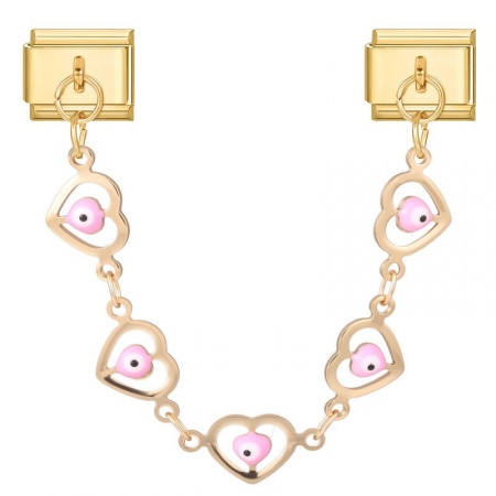 Picture of 1 Piece 304 Stainless Steel Valentine's Day Italian Charm Links For DIY Bracelet Jewelry Making Wholesale Gold Plated Pink Enamel Rectangle Evil Eye 10mm x 9mm