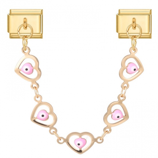Picture of 1 Piece 304 Stainless Steel Valentine's Day Italian Charm Links For DIY Bracelet Jewelry Making Wholesale Gold Plated Pink Enamel Rectangle Evil Eye 10mm x 9mm