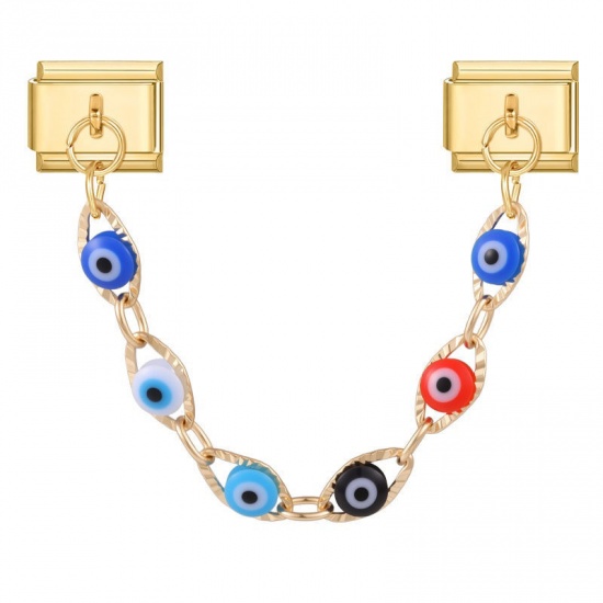 Picture of 1 Piece 304 Stainless Steel Italian Charm Links For DIY Bracelet Jewelry Making Wholesale Gold Plated Multicolor Enamel Rectangle Evil Eye 10mm x 9mm