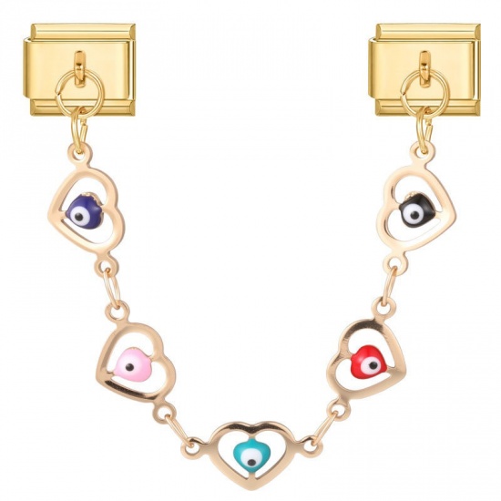 Picture of 1 Piece 304 Stainless Steel Valentine's Day Italian Charm Links For DIY Bracelet Jewelry Making Wholesale Gold Plated At Random Mixed Color Enamel Rectangle Evil Eye 10mm x 9mm