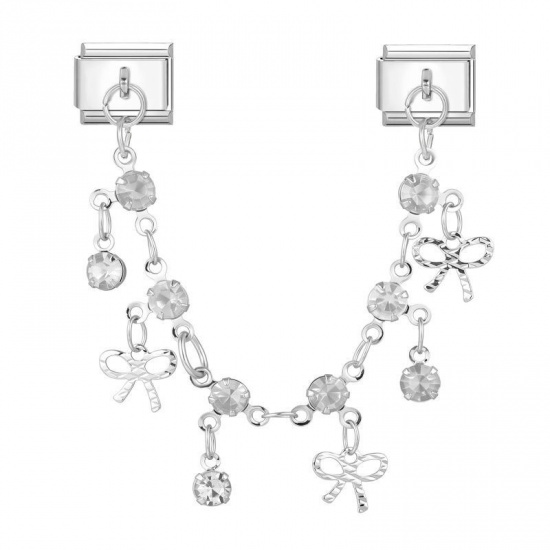 Image de 1 Pièce Bracelet à Maillons Breloques Italiens Accessories de Fabrication de Bracelets Bijoux DIY En Gros en 304 Acier Inoxydable Argent Mat Rectangle Nœuds Papillons à Strass Transparent 10mm x 9mm
