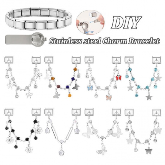 Image de 1 Pièce Bracelet à Maillons Breloques Italiens Accessories de Fabrication de Bracelets Bijoux DIY En Gros en 304 Acier Inoxydable Argent Mat Rectangle Nœuds Papillons à Strass Transparent 10mm x 9mm