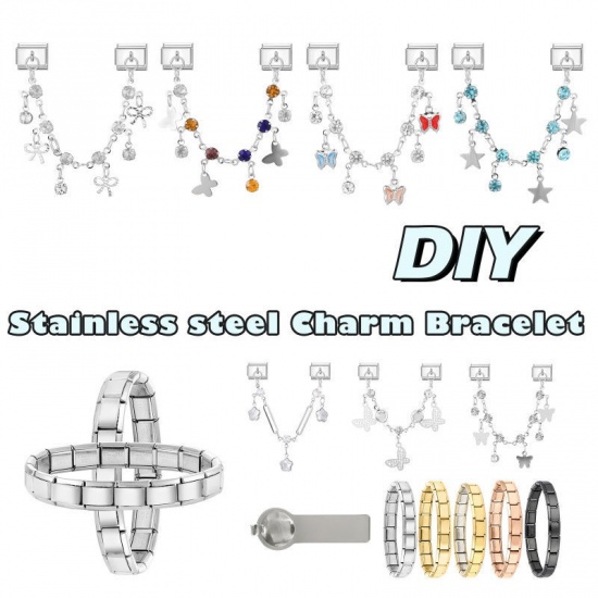 Image de 1 Pièce Bracelet à Maillons Breloques Italiens Accessories de Fabrication de Bracelets Bijoux DIY En Gros en 304 Acier Inoxydable Argent Mat Rectangle Nœuds Papillons à Strass Transparent 10mm x 9mm