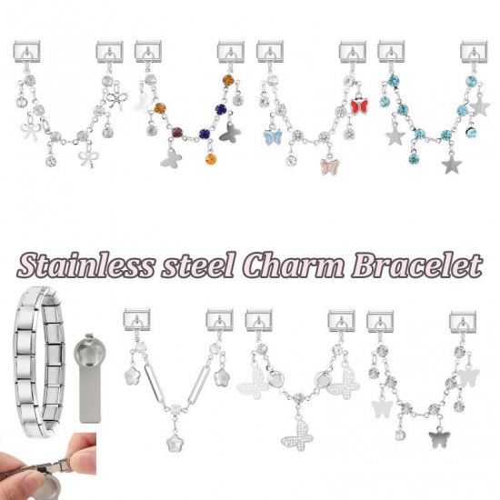 Image de 1 Pièce Bracelet à Maillons Breloques Italiens Accessories de Fabrication de Bracelets Bijoux DIY En Gros en 304 Acier Inoxydable Argent Mat Rectangle Nœuds Papillons à Strass Transparent 10mm x 9mm