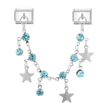Picture of 1 Piece 304 Stainless Steel Italian Charm Links For DIY Bracelet Jewelry Making Wholesale Silver Tone Rectangle Pentagram Star Blue Rhinestone 10mm x 9mm