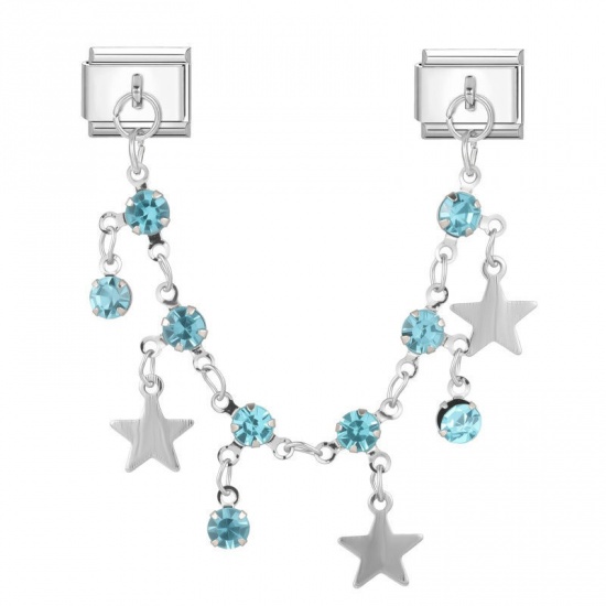 Image de 1 Pièce Bracelet à Maillons Breloques Italiens Accessories de Fabrication de Bracelets Bijoux DIY En Gros en 304 Acier Inoxydable Argent Mat Rectangle Pentacle à Strass Bleu 10mm x 9mm