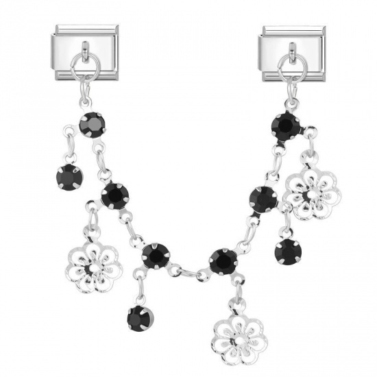 Image de 1 Pièce Bracelet à Maillons Breloques Italiens Accessories de Fabrication de Bracelets Bijoux DIY En Gros en 304 Acier Inoxydable Argent Mat Rectangle Fleurs à Strass Noir 10mm x 9mm