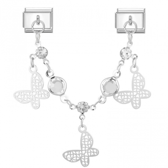 Image de 1 Pièce Bracelet à Maillons Breloques Italiens Accessories de Fabrication de Bracelets Bijoux DIY En Gros en 304 Acier Inoxydable Argent Mat Rectangle Papillons à Strass Transparent 10mm x 9mm