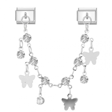 Picture of 1 Piece 304 Stainless Steel Italian Charm Links For DIY Bracelet Jewelry Making Wholesale Silver Tone Rectangle Butterfly Clear Rhinestone 10mm x 9mm