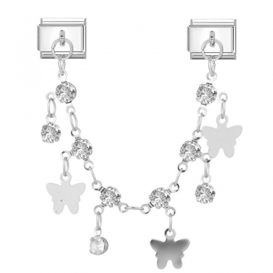 Image de 1 Pièce Bracelet à Maillons Breloques Italiens Accessories de Fabrication de Bracelets Bijoux DIY En Gros en 304 Acier Inoxydable Argent Mat Rectangle Papillons à Strass Transparent 10mm x 9mm