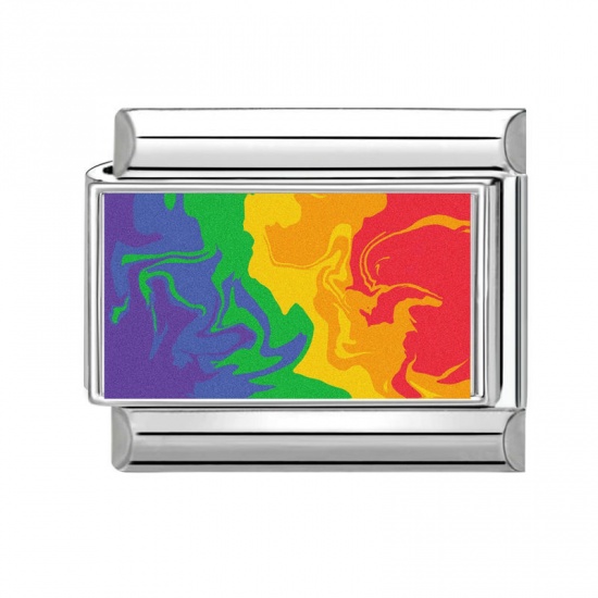 Picture of 1 Piece 304 Stainless Steel Italian Charm Links For DIY Bracelet Jewelry Making Wholesale Silver Tone Multicolor Rectangle 10mm x 9mm