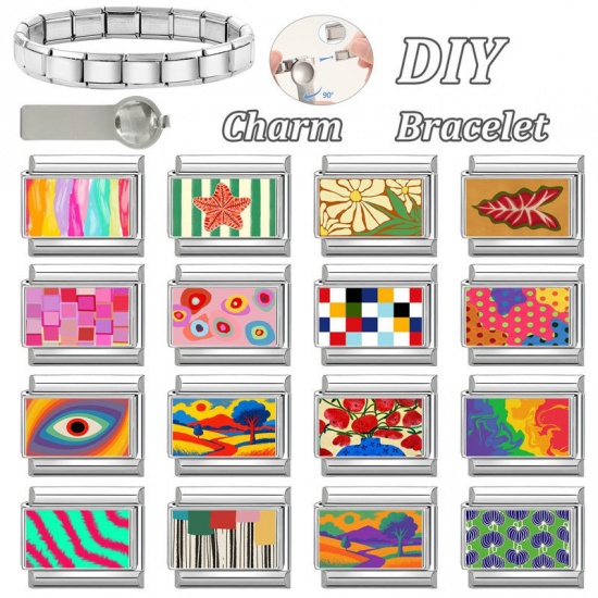 Picture of 1 Piece 304 Stainless Steel Italian Charm Links For DIY Bracelet Jewelry Making Wholesale Silver Tone Multicolor Rectangle 10mm x 9mm