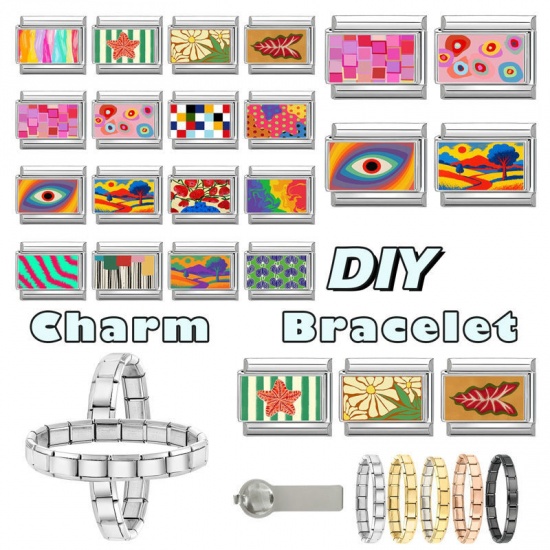 Picture of 1 Piece 304 Stainless Steel Italian Charm Links For DIY Bracelet Jewelry Making Wholesale Silver Tone Multicolor Rectangle 10mm x 9mm