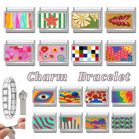Picture of 1 Piece 304 Stainless Steel Italian Charm Links For DIY Bracelet Jewelry Making Wholesale Silver Tone Multicolor Rectangle 10mm x 9mm