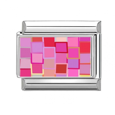 Picture of 1 Piece 304 Stainless Steel Italian Charm Links For DIY Bracelet Jewelry Making Wholesale Silver Tone Pink Rectangle Grid Checker 10mm x 9mm