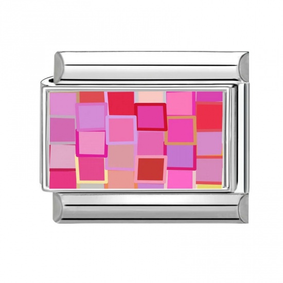 Picture of 1 Piece 304 Stainless Steel Italian Charm Links For DIY Bracelet Jewelry Making Wholesale Silver Tone Pink Rectangle Grid Checker 10mm x 9mm