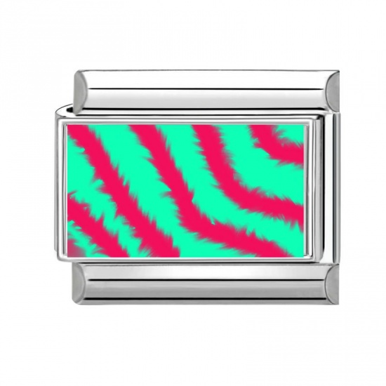 Picture of 1 Piece 304 Stainless Steel Italian Charm Links For DIY Bracelet Jewelry Making Wholesale Silver Tone Red & Green Rectangle Stripe 10mm x 9mm