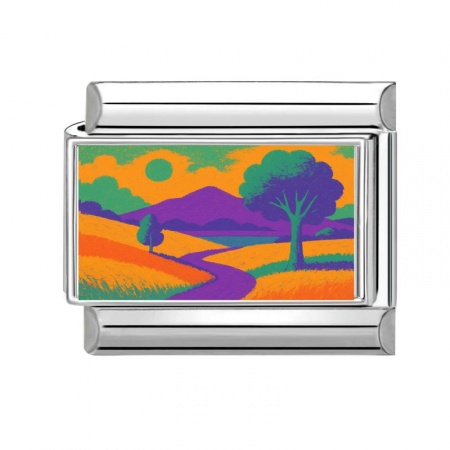 Picture of 1 Piece 304 Stainless Steel Italian Charm Links For DIY Bracelet Jewelry Making Wholesale Silver Tone Orange Rectangle Natural Scenery 10mm x 9mm