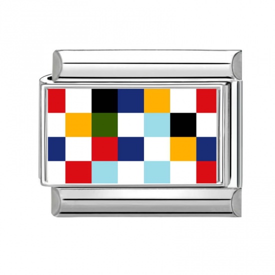Picture of 1 Piece 304 Stainless Steel Italian Charm Links For DIY Bracelet Jewelry Making Wholesale Silver Tone Multicolor Rectangle Grid Checker 10mm x 9mm