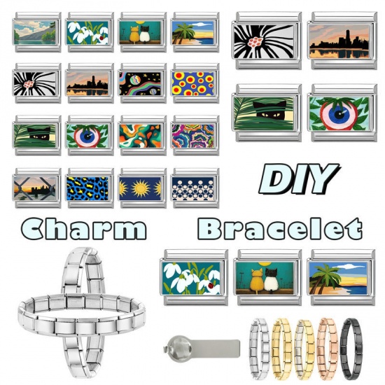 Picture of 1 Piece 304 Stainless Steel Italian Charm Links For DIY Bracelet Jewelry Making Wholesale Silver Tone Multicolor Rectangle Cat 10mm x 9mm