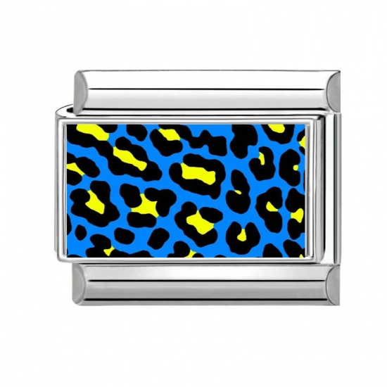 Picture of 1 Piece 304 Stainless Steel Italian Charm Links For DIY Bracelet Jewelry Making Wholesale Silver Tone Blue Rectangle Leopard Print 10mm x 9mm