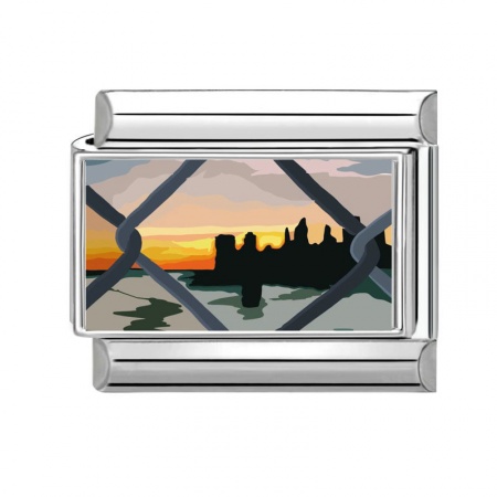 Picture of 1 Piece 304 Stainless Steel Italian Charm Links For DIY Bracelet Jewelry Making Wholesale Silver Tone Black Rectangle Sunset 10mm x 9mm