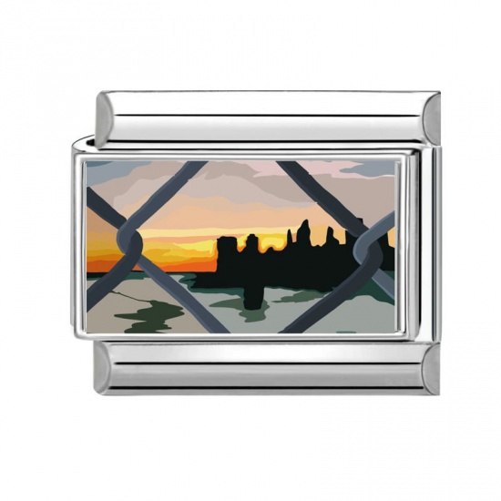 Picture of 1 Piece 304 Stainless Steel Italian Charm Links For DIY Bracelet Jewelry Making Wholesale Silver Tone Black Rectangle Sunset 10mm x 9mm
