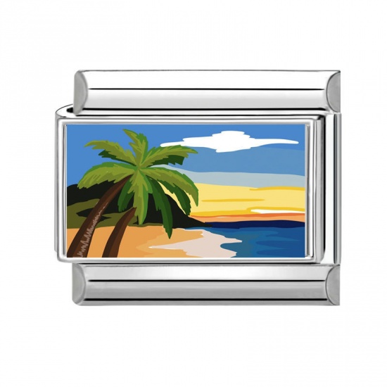 Picture of 1 Piece 304 Stainless Steel Italian Charm Links For DIY Bracelet Jewelry Making Wholesale Silver Tone Multicolor Rectangle Coconut Palm Tree 10mm x 9mm