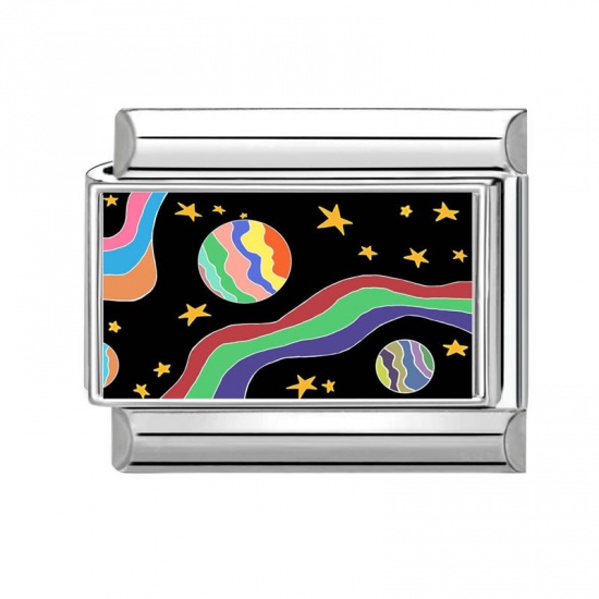 Picture of 1 Piece 304 Stainless Steel Italian Charm Links For DIY Bracelet Jewelry Making Wholesale Silver Tone Multicolor Rectangle Universe Planet 10mm x 9mm