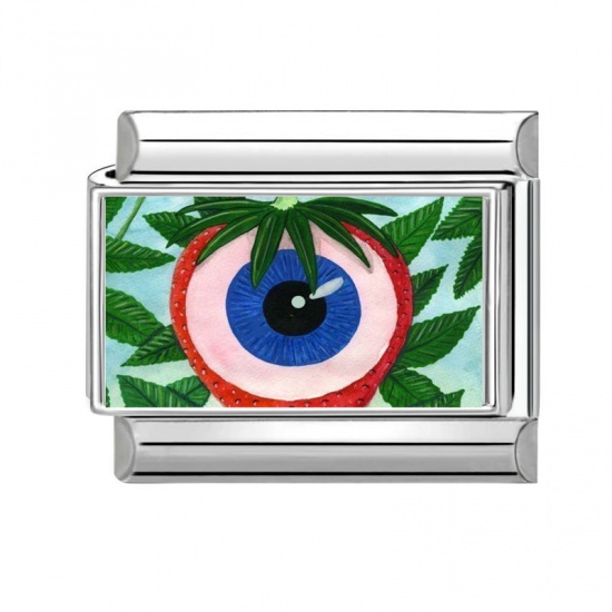 Picture of 1 Piece 304 Stainless Steel Italian Charm Links For DIY Bracelet Jewelry Making Wholesale Silver Tone Blue Rectangle Evil Eye 10mm x 9mm