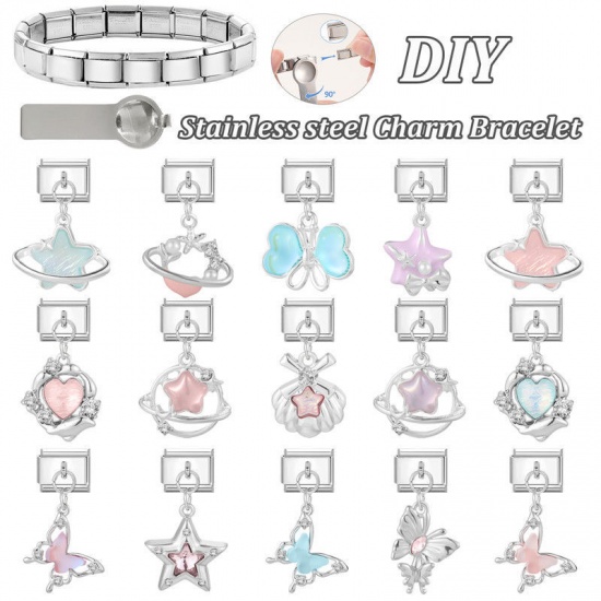 Picture of 1 Piece 304 Stainless Steel Italian Charm Links For DIY Bracelet Jewelry Making Wholesale Silver Tone Lake Blue Rectangle Pentagram Star 10mm x 9mm