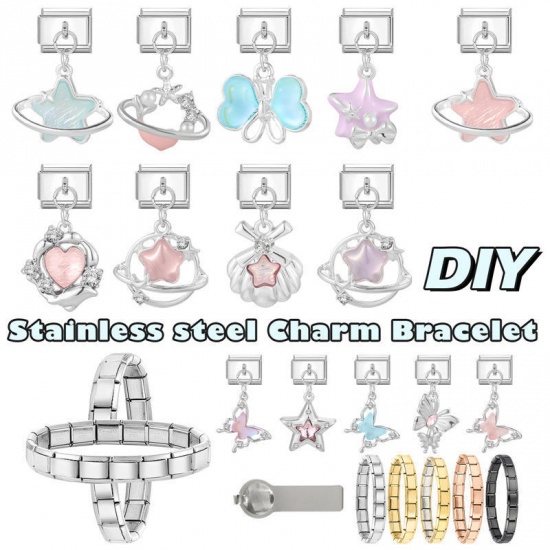 Picture of 1 Piece 304 Stainless Steel Italian Charm Links For DIY Bracelet Jewelry Making Wholesale Silver Tone Lake Blue Rectangle Pentagram Star 10mm x 9mm
