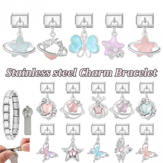 Picture of 1 Piece 304 Stainless Steel Italian Charm Links For DIY Bracelet Jewelry Making Wholesale Silver Tone Lake Blue Rectangle Pentagram Star 10mm x 9mm
