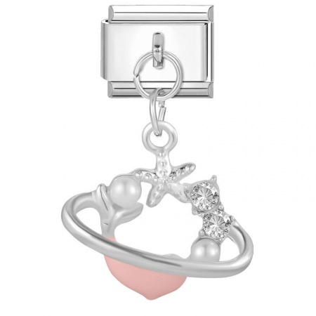 Picture of 1 Piece 304 Stainless Steel Italian Charm Links For DIY Bracelet Jewelry Making Wholesale Silver Tone Pink Rectangle Dolphin 10mm x 9mm
