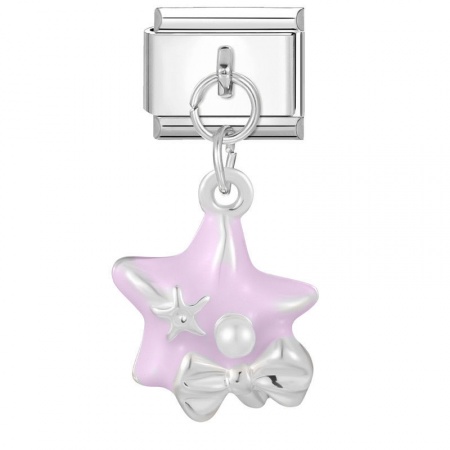 Picture of 1 Piece 304 Stainless Steel Italian Charm Links For DIY Bracelet Jewelry Making Wholesale Silver Tone Pink Rectangle Pentagram Star 10mm x 9mm