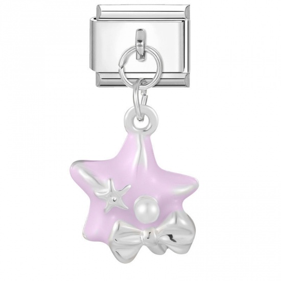 Picture of 1 Piece 304 Stainless Steel Italian Charm Links For DIY Bracelet Jewelry Making Wholesale Silver Tone Pink Rectangle Pentagram Star 10mm x 9mm