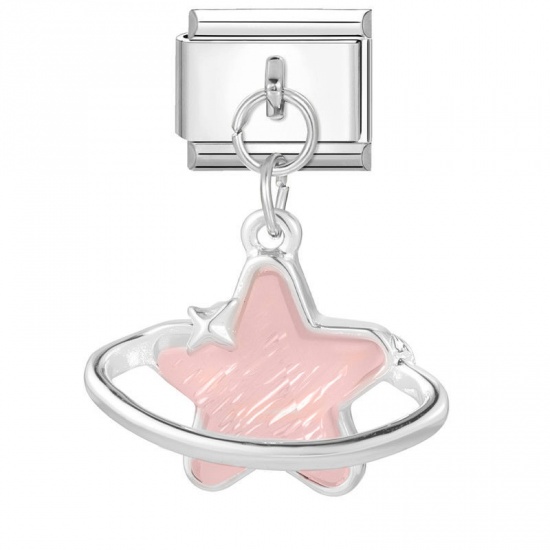 Picture of 1 Piece 304 Stainless Steel Italian Charm Links For DIY Bracelet Jewelry Making Wholesale Silver Tone Orange Pink Rectangle Pentagram Star 10mm x 9mm