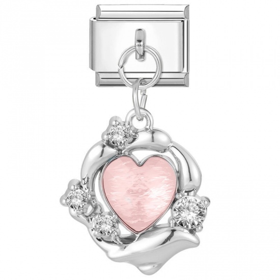Picture of 1 Piece 304 Stainless Steel Valentine's Day Italian Charm Links For DIY Bracelet Jewelry Making Wholesale Silver Tone Orange Pink Rectangle Heart 10mm x 9mm