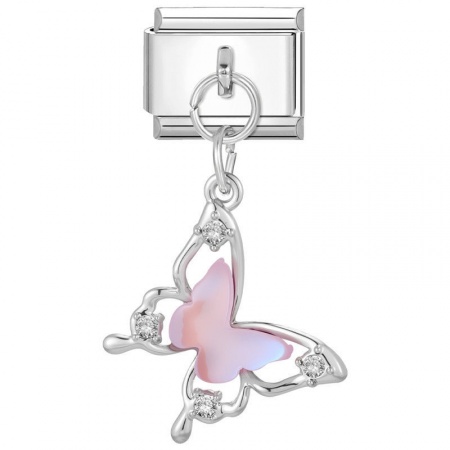 Picture of 1 Piece 304 Stainless Steel Italian Charm Links For DIY Bracelet Jewelry Making Wholesale Silver Tone Pink Rectangle Butterfly 10mm x 9mm