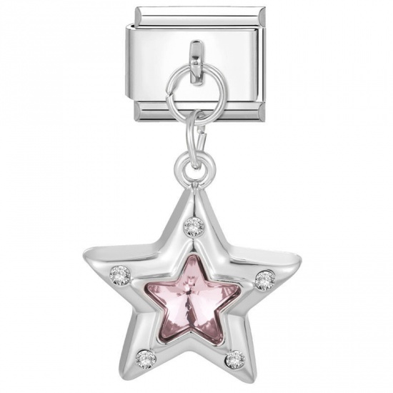 Picture of 1 Piece 304 Stainless Steel Italian Charm Links For DIY Bracelet Jewelry Making Wholesale Silver Tone Rectangle Pentagram Star Pink Rhinestone 10mm x 9mm