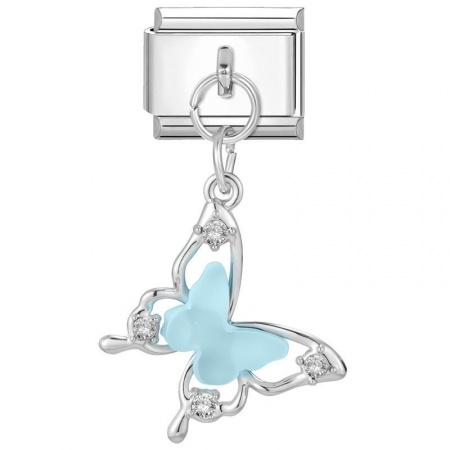 Picture of 1 Piece 304 Stainless Steel Italian Charm Links For DIY Bracelet Jewelry Making Wholesale Silver Tone Skyblue Rectangle Butterfly 10mm x 9mm
