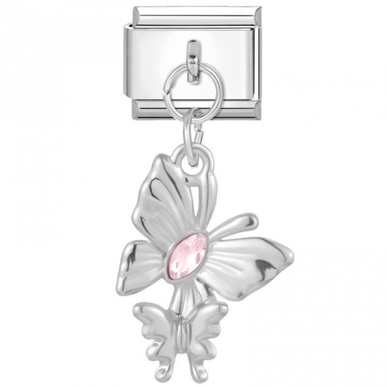 Picture of 1 Piece 304 Stainless Steel Italian Charm Links For DIY Bracelet Jewelry Making Wholesale Silver Tone Rectangle Butterfly Pink Rhinestone 10mm x 9mm