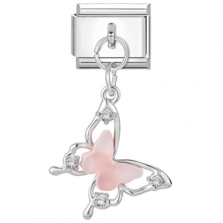 Picture of 1 Piece 304 Stainless Steel Italian Charm Links For DIY Bracelet Jewelry Making Wholesale Silver Tone Pink Rectangle Butterfly 10mm x 9mm