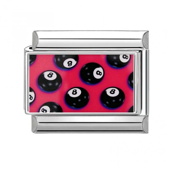 Picture of 1 Piece 304 Stainless Steel Italian Charm Links For DIY Bracelet Jewelry Making Wholesale Silver Tone Black Rectangle No.8 Billiard Pool Ball 10mm x 9mm