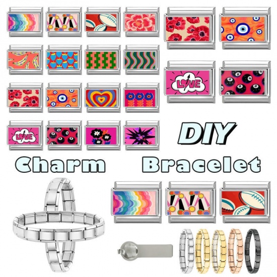 Picture of 1 Piece 304 Stainless Steel Italian Charm Links For DIY Bracelet Jewelry Making Wholesale Silver Tone Black Rectangle No.8 Billiard Pool Ball 10mm x 9mm